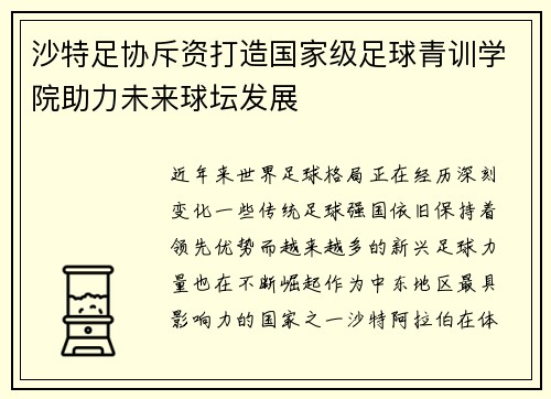 沙特足协斥资打造国家级足球青训学院助力未来球坛发展