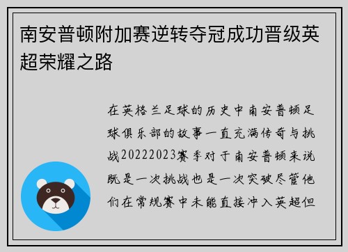 南安普顿附加赛逆转夺冠成功晋级英超荣耀之路